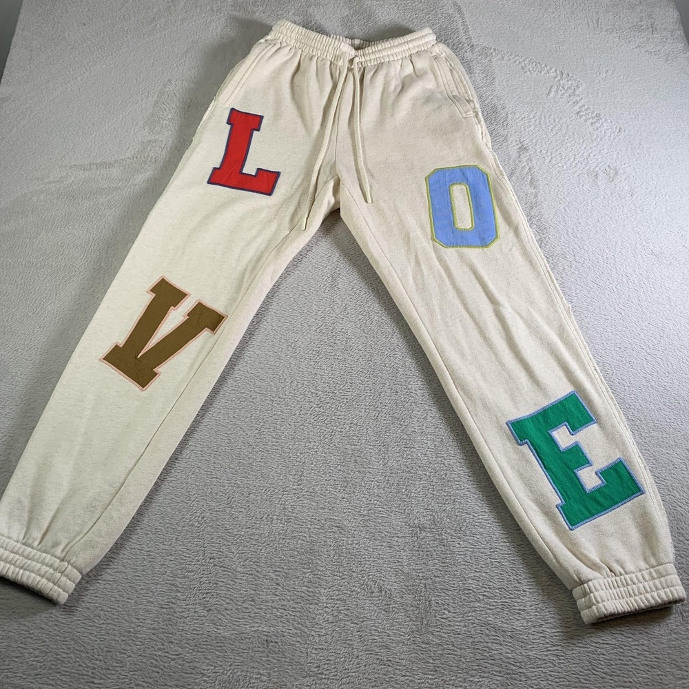 Aerie Pants Womens Small White LOVE Graphic Fleece Joggers Sweatpants Ladies NEW